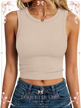 Ribbed Knit Crop Tank Top High Neck Sleeveless Slim Fit